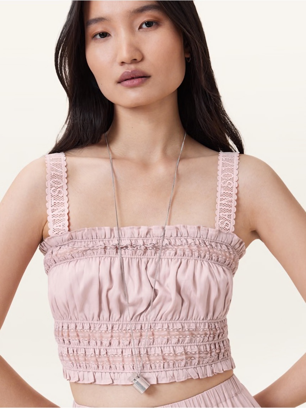 AllSaints TALIA LACE CROPPED TOP in Mauve Pink
